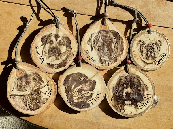 MooseTrack Boutique personalized Pet ornaments on reclaimed Colorado Aspen