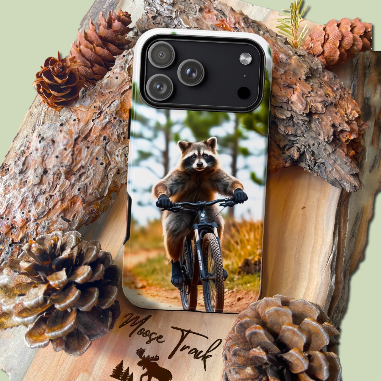 Mountain Biking Raccoon tough cases for smartphones, iphones, galaxy and pixel