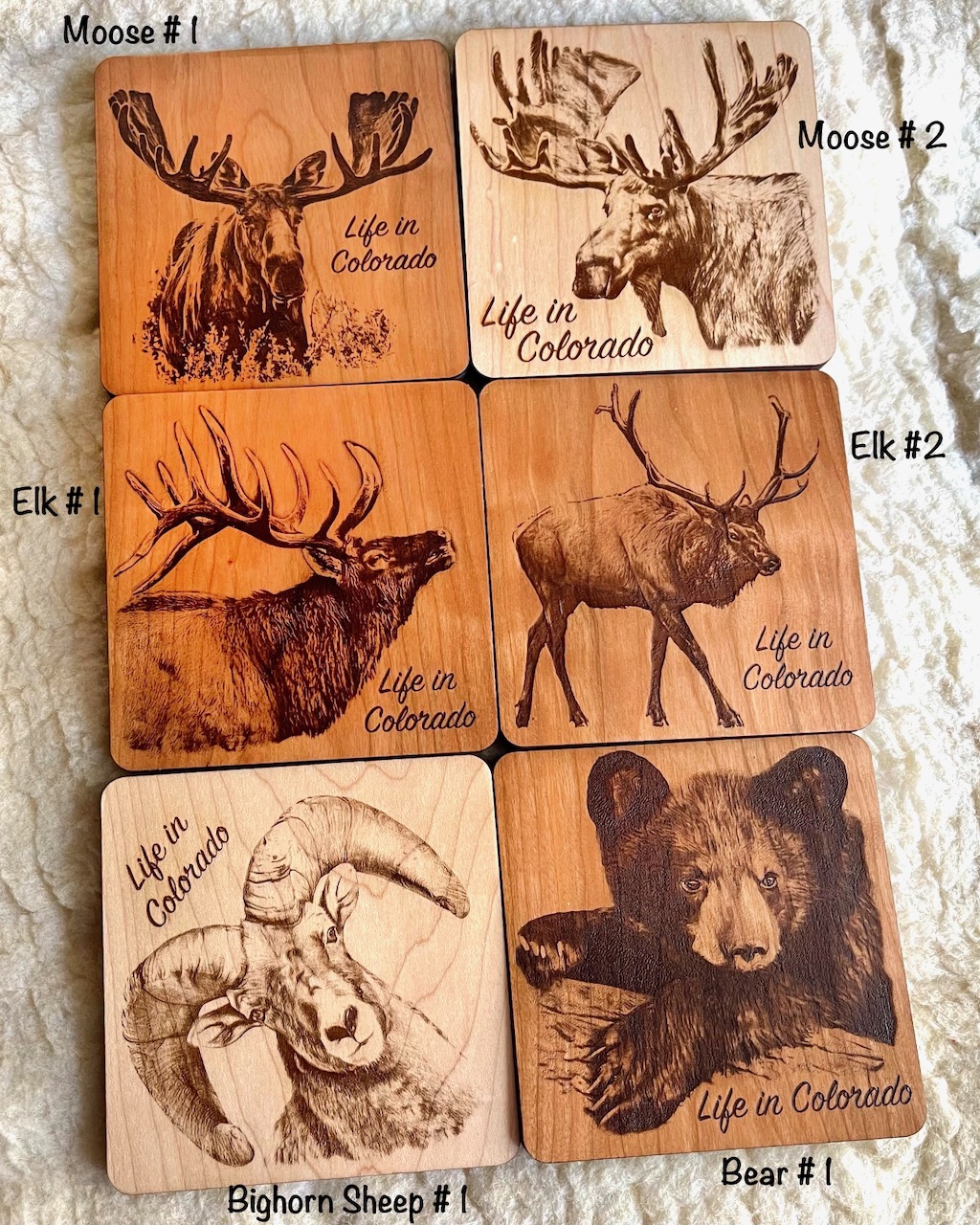 Engraved wood with custom Pet portraits engraved on solid cherry or maple wood