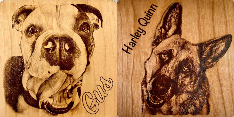 Engraved wood with custom Pet portraits engraved on solid cherry or maple wood