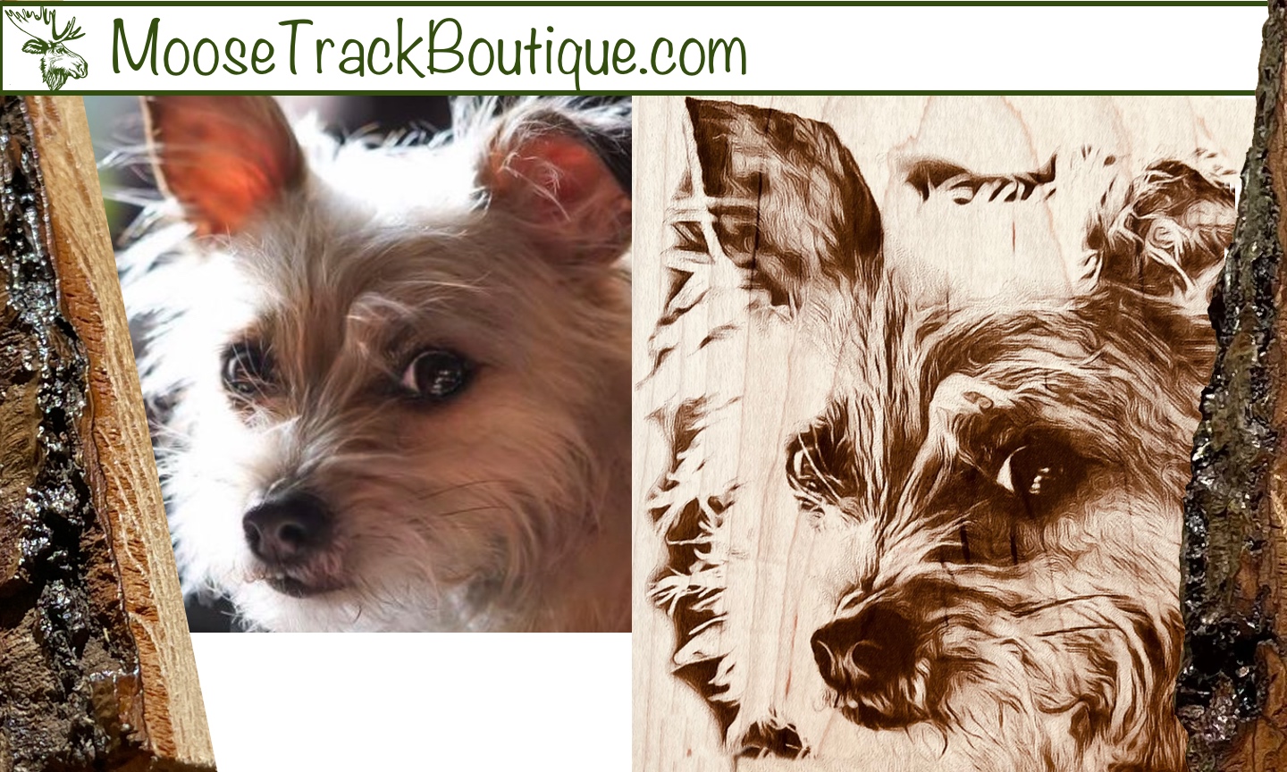 MooseTrack Boutique Pet Portraits engraved on maple wood